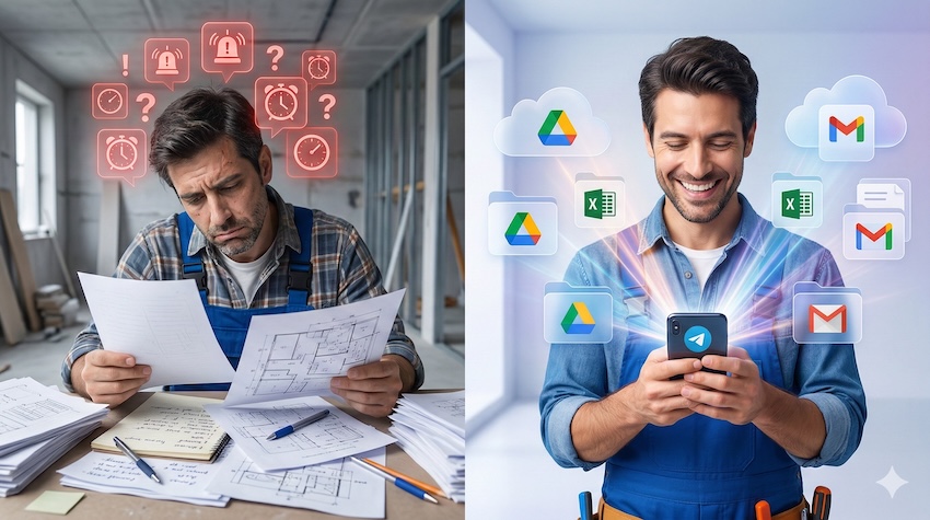 Prima e dopo per l'artigiano: da rilievi manuali e foto su WhatsApp ad automazioni con Telegram e Google Drive