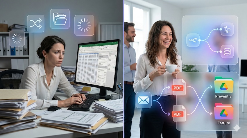 Prima e dopo per l'impiegata di una piccola impresa: da operazioni manuali a flussi automatici